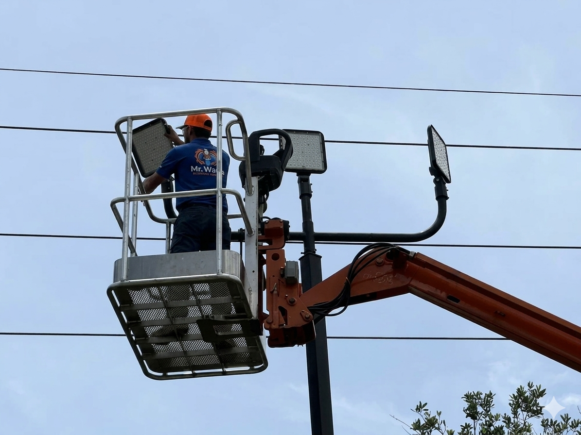 Electrical service technician working from a lift bucket